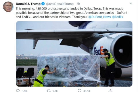 President Trump thanks Vietnam for delivery of 450,000 protective suits