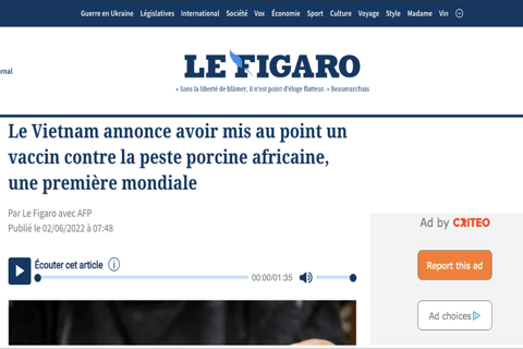 French media highly values Vietnam’s African swine fever vaccine
