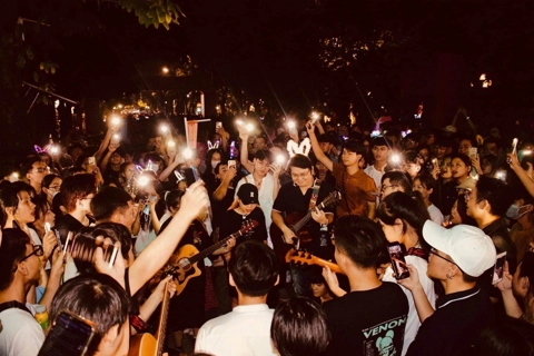 A band performs a unique style of music on Hanoi walking street