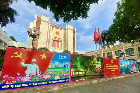 Red flags and banners decorate Hanoi's streets to honor  Ho Chi Minh's birthday