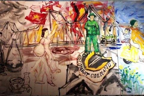 Portrayal of the historic Long Bien Bridge in photo books and paintings